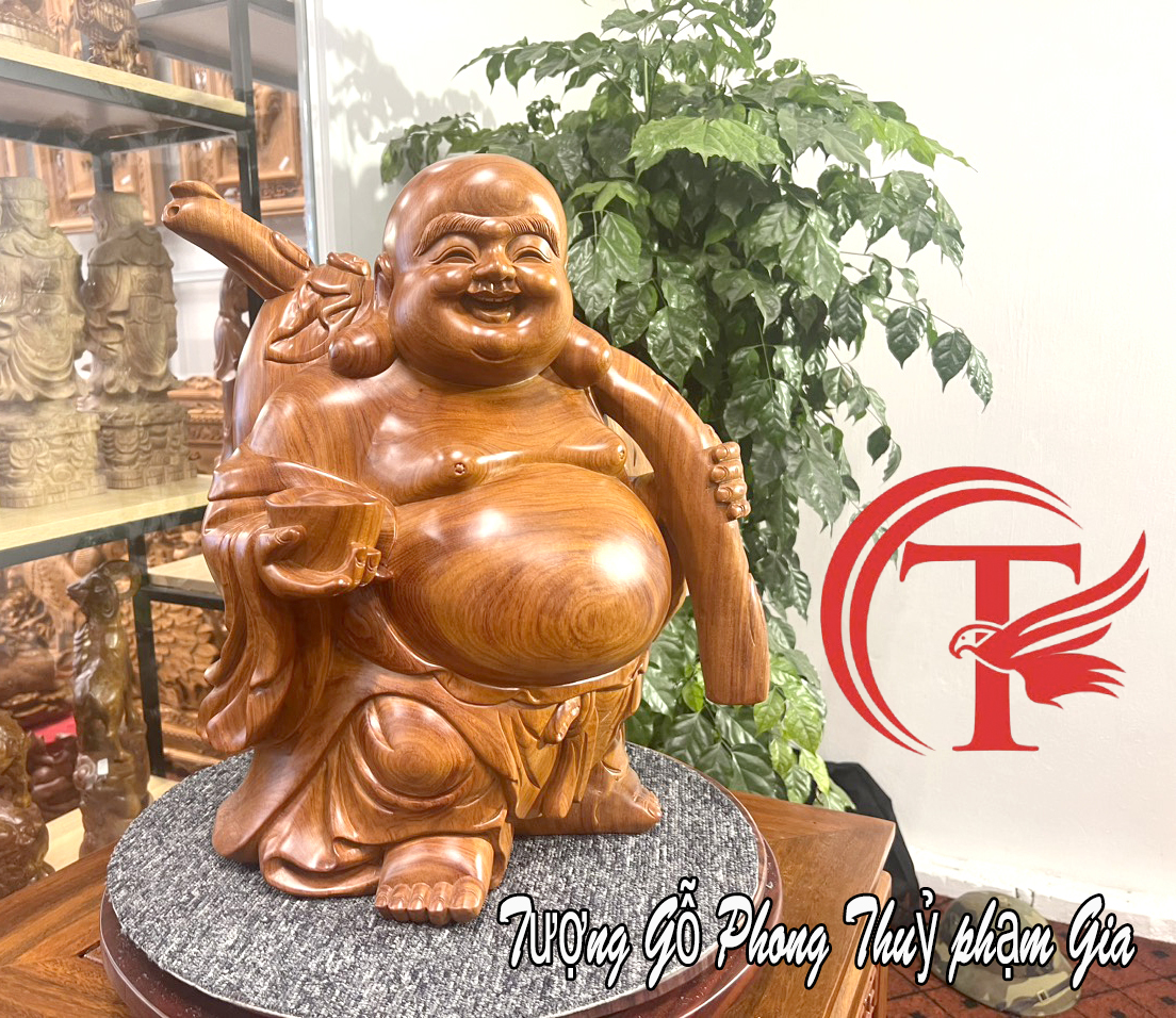 Tượng Gỗ Ngài Di Lặc Vác Cành Đào – Gỗ Hương Đá Tự Nhiên, Mang Lộc – Hóa Giải Phiền Não